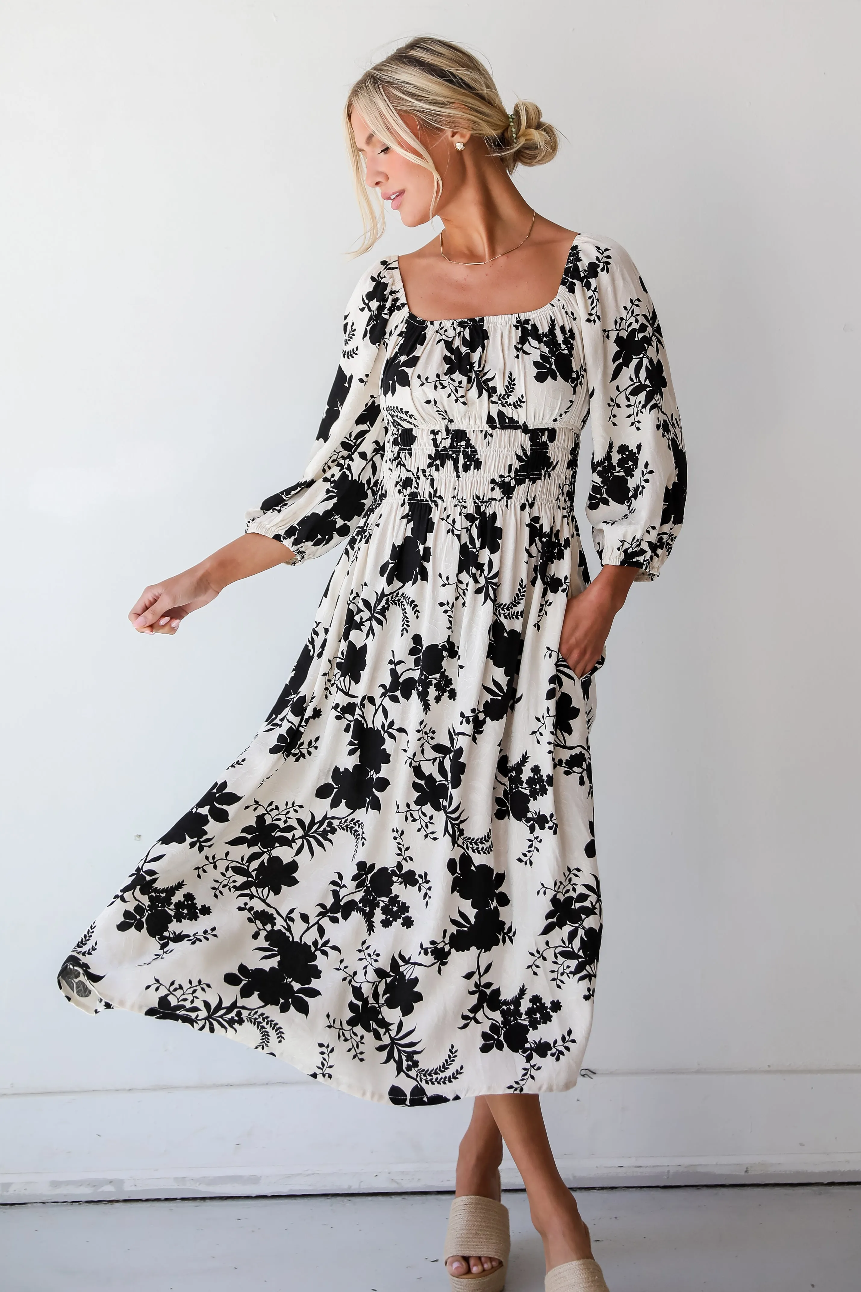 Adorably Elite Ivory Floral Midi Dress