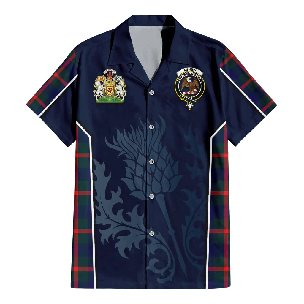 Agnew Tartan Short Sleeve Button Up Shirt with Family Crest and Scottish Thistle Vibes Sport Style