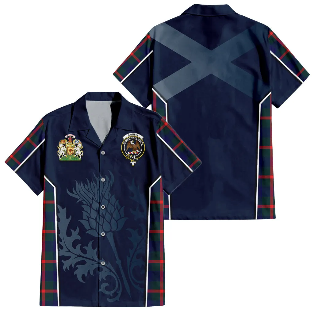 Agnew Tartan Short Sleeve Button Up Shirt with Family Crest and Scottish Thistle Vibes Sport Style