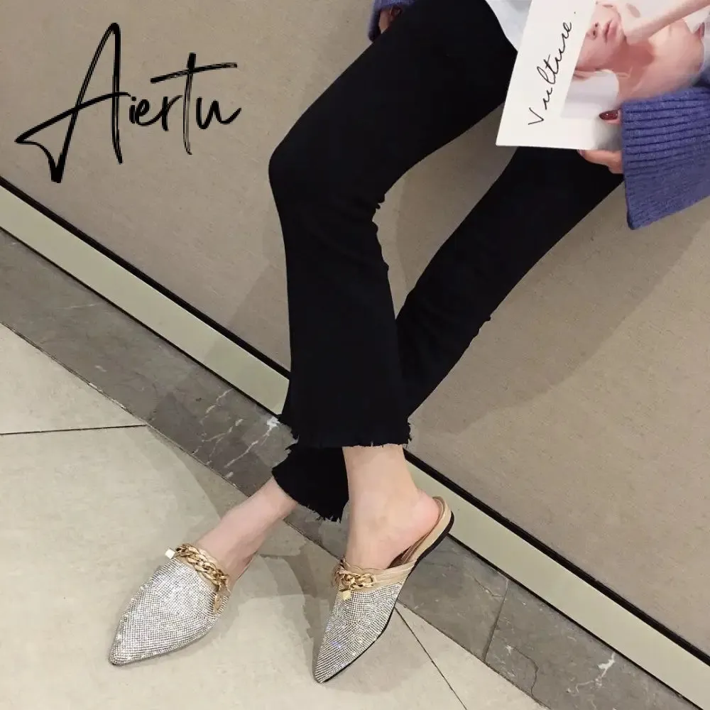 Aiertu Women Mules Luxury Flats Fashion Loafers Designer Shoes Summer Slippers Pointed Toe Slides Slip on Wedding Casual Ladies Sandals