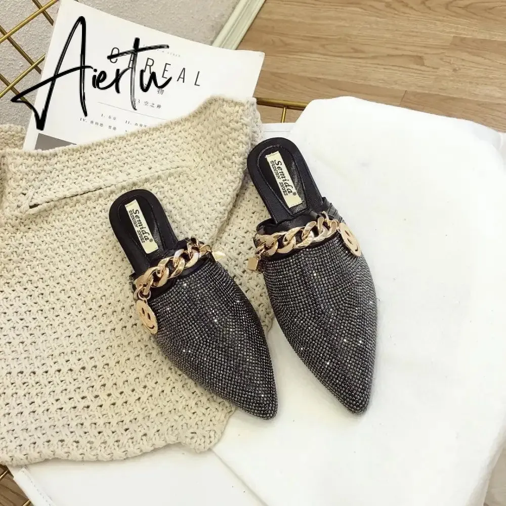 Aiertu Women Mules Luxury Flats Fashion Loafers Designer Shoes Summer Slippers Pointed Toe Slides Slip on Wedding Casual Ladies Sandals