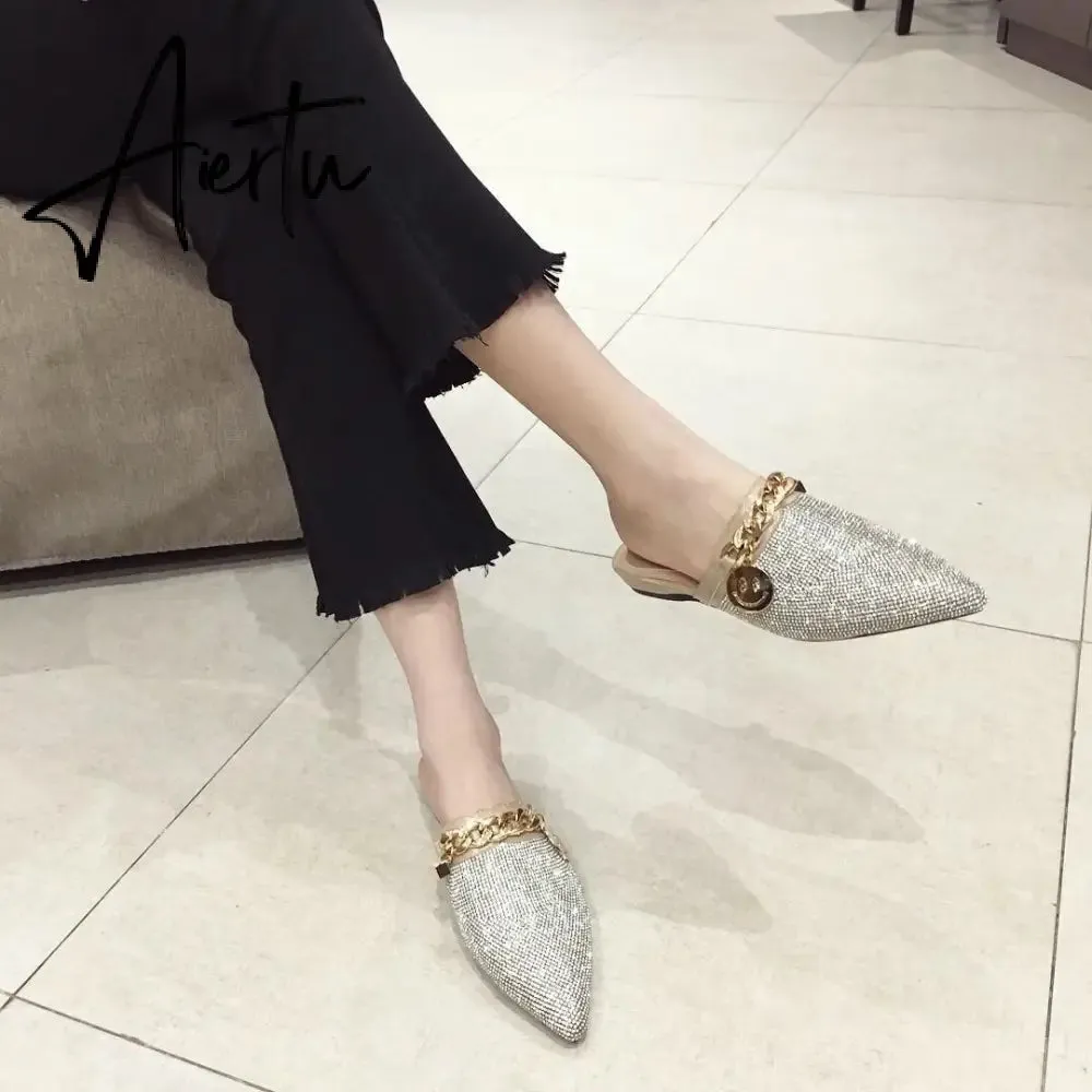 Aiertu Women Mules Luxury Flats Fashion Loafers Designer Shoes Summer Slippers Pointed Toe Slides Slip on Wedding Casual Ladies Sandals