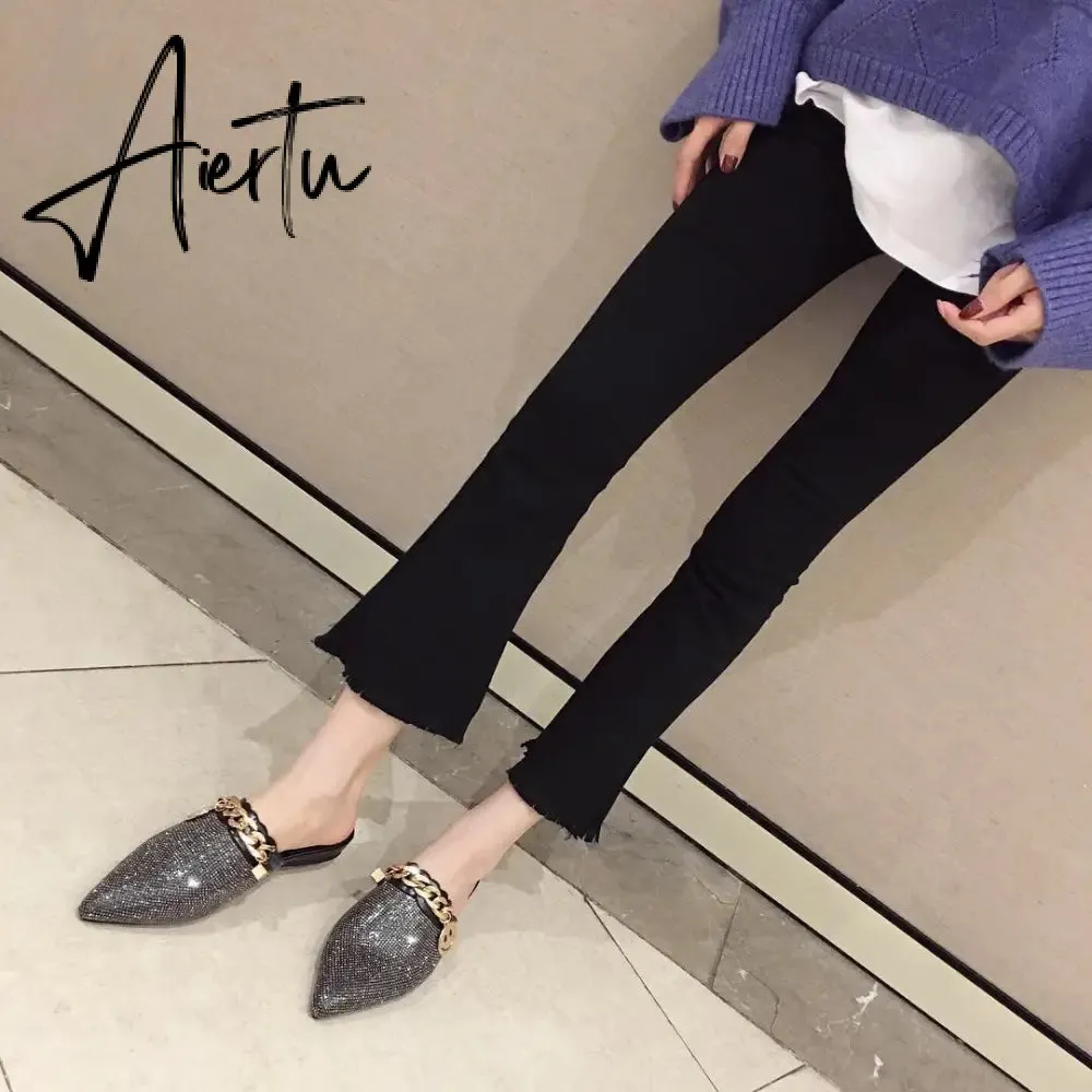 Aiertu Women Mules Luxury Flats Fashion Loafers Designer Shoes Summer Slippers Pointed Toe Slides Slip on Wedding Casual Ladies Sandals