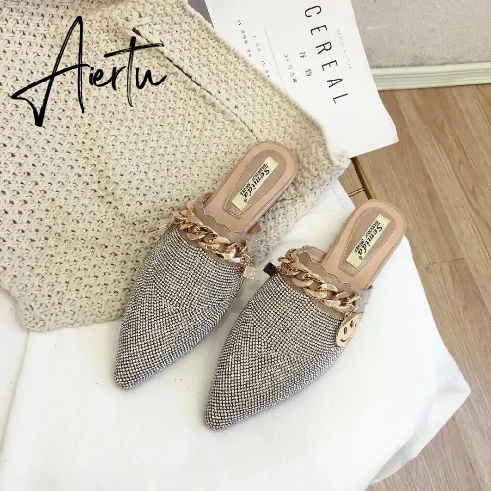 Aiertu Women Mules Luxury Flats Fashion Loafers Designer Shoes Summer Slippers Pointed Toe Slides Slip on Wedding Casual Ladies Sandals