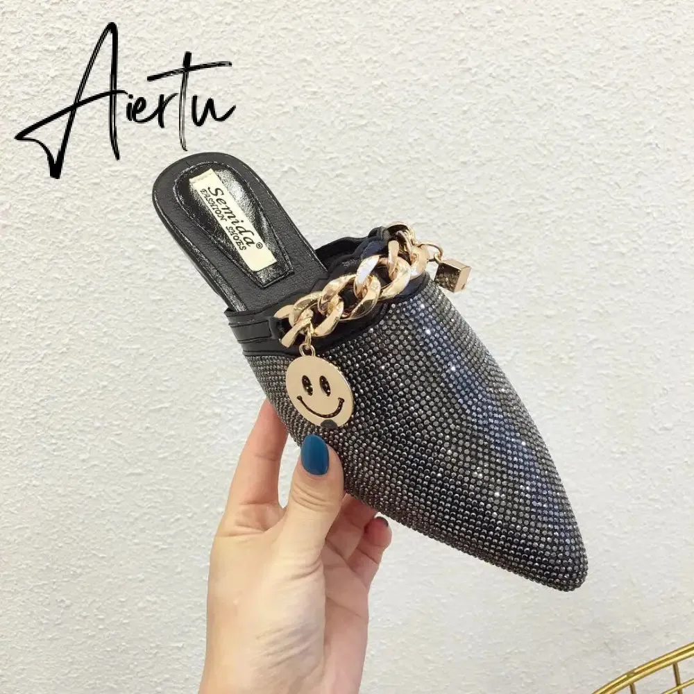 Aiertu Women Mules Luxury Flats Fashion Loafers Designer Shoes Summer Slippers Pointed Toe Slides Slip on Wedding Casual Ladies Sandals