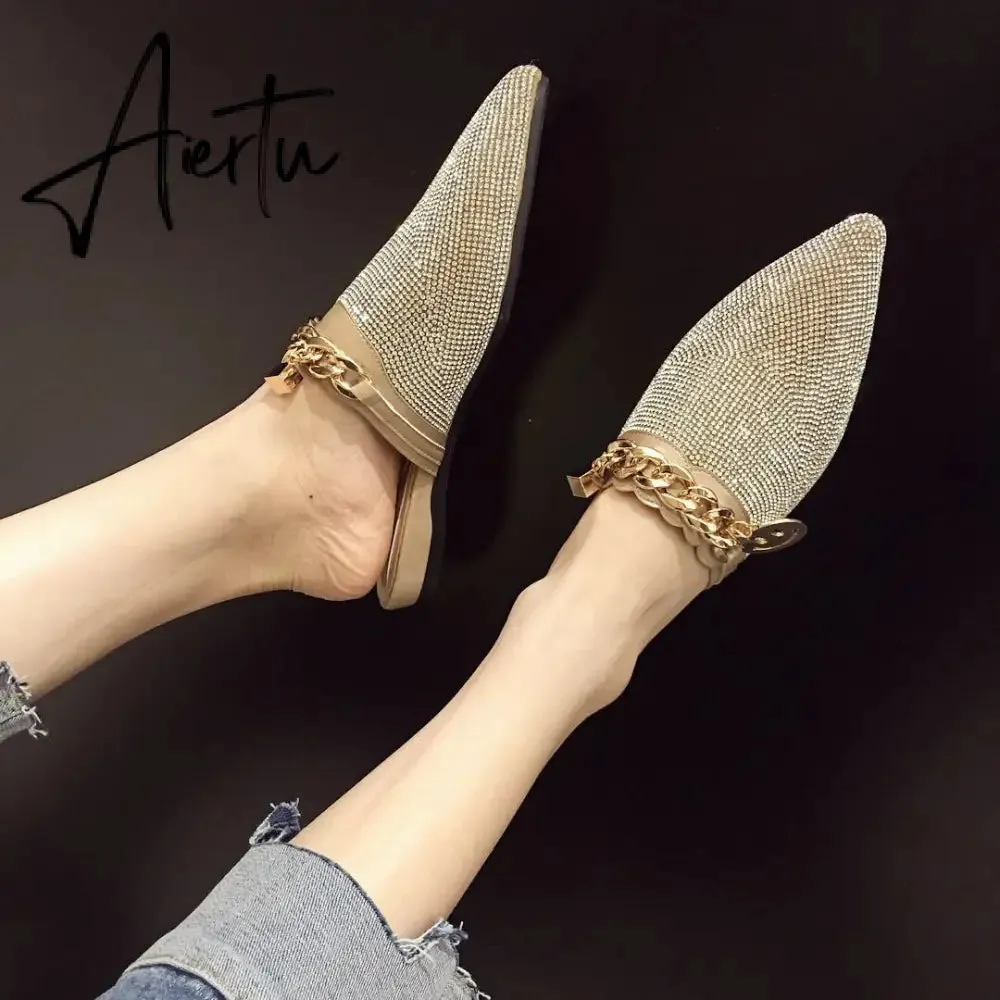 Aiertu Women Mules Luxury Flats Fashion Loafers Designer Shoes Summer Slippers Pointed Toe Slides Slip on Wedding Casual Ladies Sandals