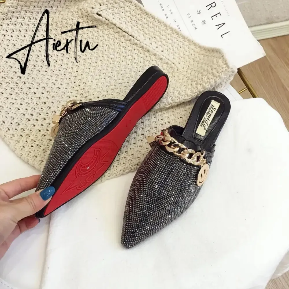 Aiertu Women Mules Luxury Flats Fashion Loafers Designer Shoes Summer Slippers Pointed Toe Slides Slip on Wedding Casual Ladies Sandals