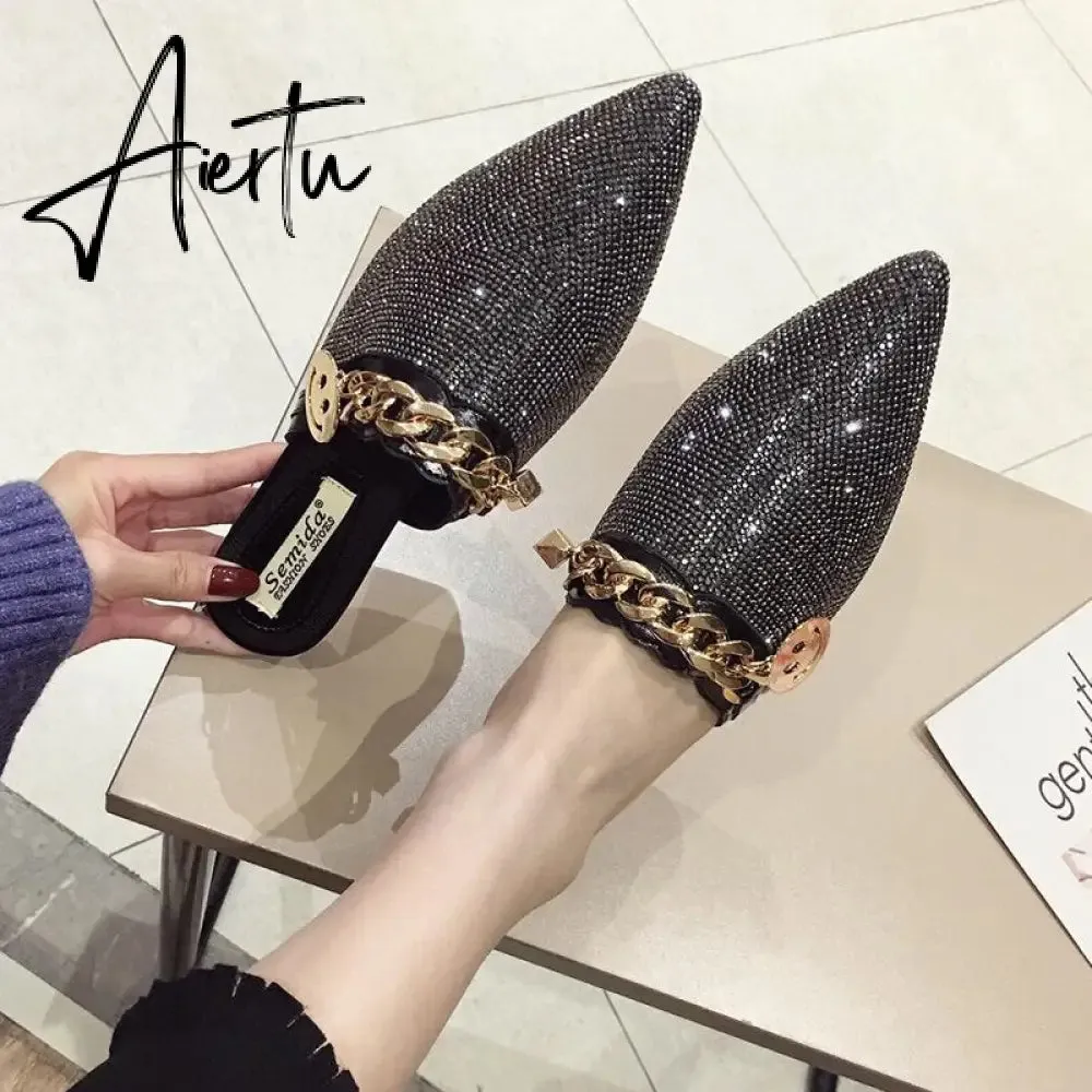 Aiertu Women Mules Luxury Flats Fashion Loafers Designer Shoes Summer Slippers Pointed Toe Slides Slip on Wedding Casual Ladies Sandals