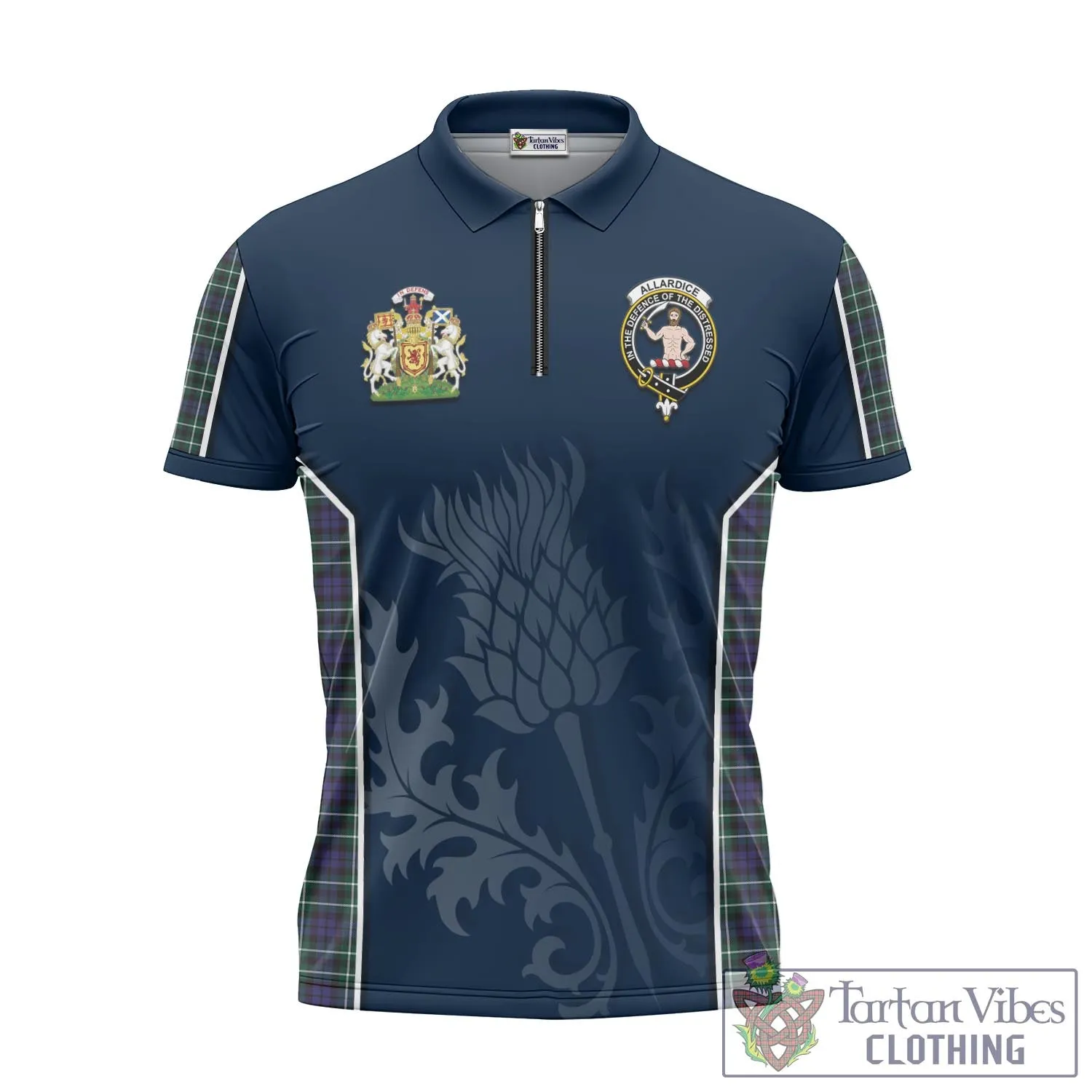 Allardice Tartan Zipper Polo Shirt with Family Crest and Scottish Thistle Vibes Sport Style