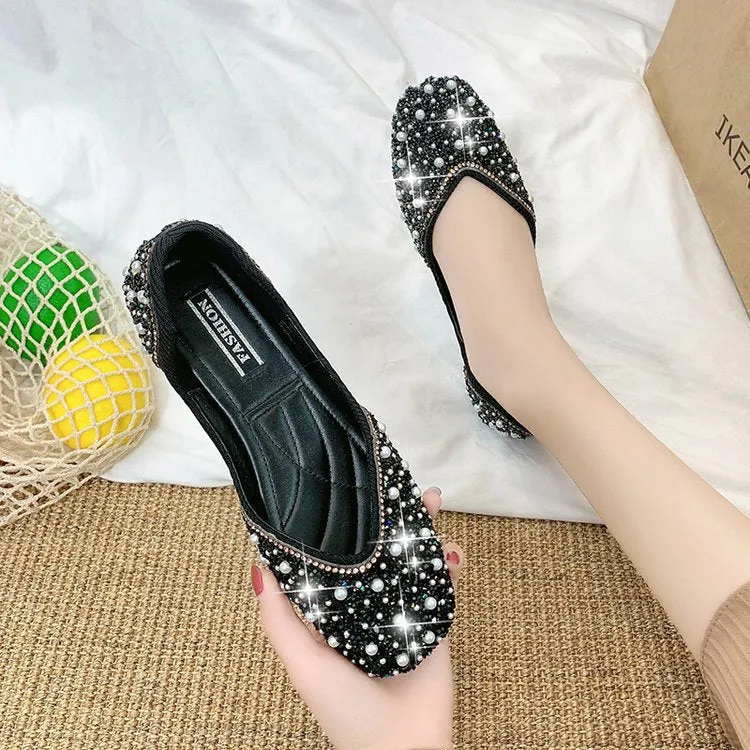 Amozae  Glitter Crystal Pearl Pink Flats Ballet Shoes Women Moccasins Square Toe Slip on Summer Loafers Shallow Ballerina Flats Female