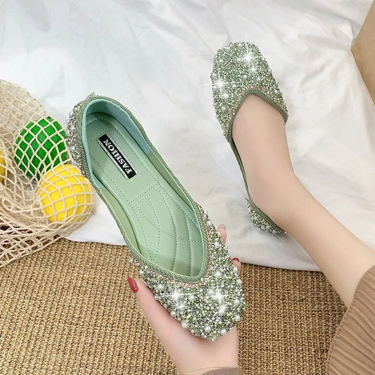 Amozae  Glitter Crystal Pearl Pink Flats Ballet Shoes Women Moccasins Square Toe Slip on Summer Loafers Shallow Ballerina Flats Female