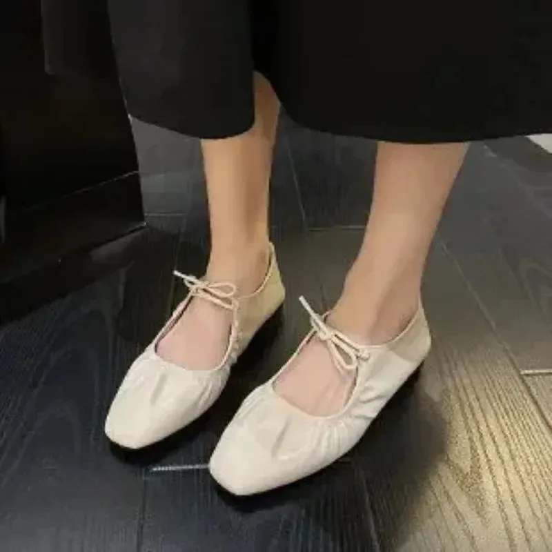 Amozae-Women Flat Shoes Genuine Leather Sheepskin Comfort Flats Slip On Silver Beige Simple Shoes Spring Autumn Soft Loafers Square Toe