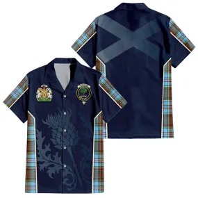 Anderson Ancient Tartan Short Sleeve Button Up Shirt with Family Crest and Scottish Thistle Vibes Sport Style