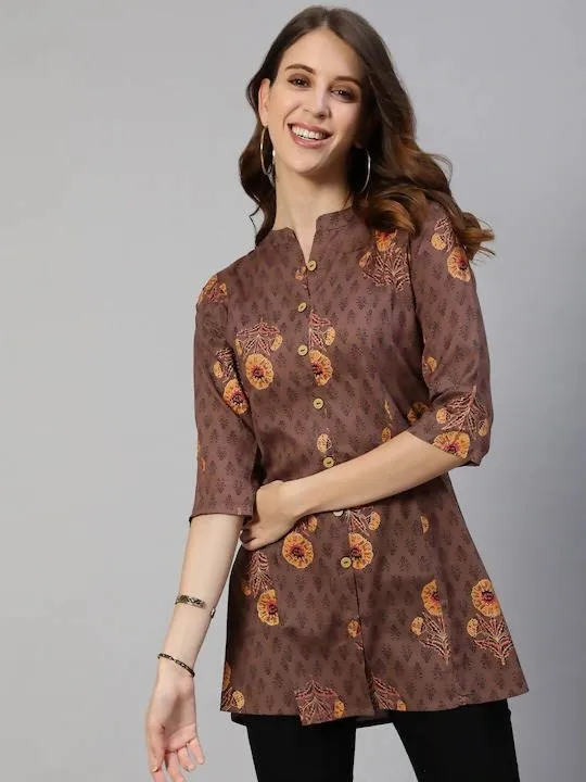 Anubhutee Brown & Yellow Floral Foil Printed Kurti