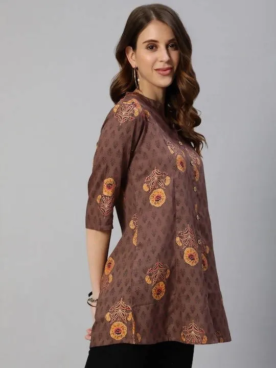 Anubhutee Brown & Yellow Floral Foil Printed Kurti