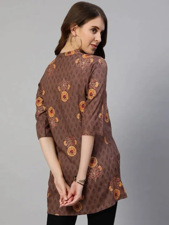 Anubhutee Brown & Yellow Floral Foil Printed Kurti