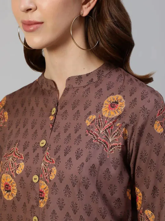 Anubhutee Brown & Yellow Floral Foil Printed Kurti