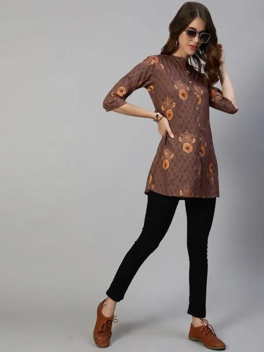 Anubhutee Brown & Yellow Floral Foil Printed Kurti