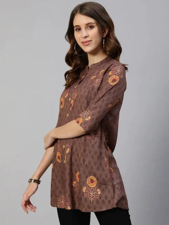 Anubhutee Brown & Yellow Floral Foil Printed Kurti