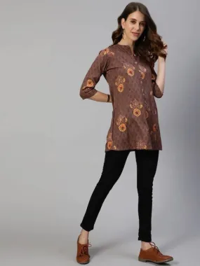 Anubhutee Brown & Yellow Floral Foil Printed Kurti