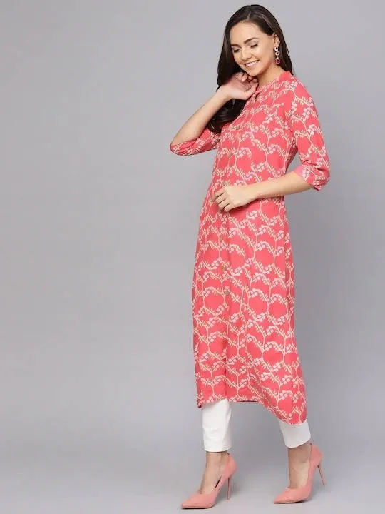 Anubhutee Coral Pink & Off-White Printed A-Line Kurta