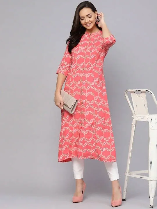 Anubhutee Coral Pink & Off-White Printed A-Line Kurta