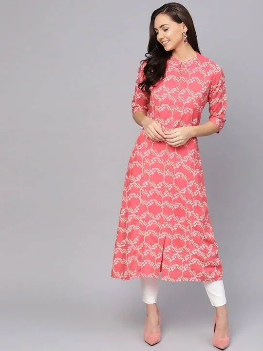 Anubhutee Coral Pink & Off-White Printed A-Line Kurta