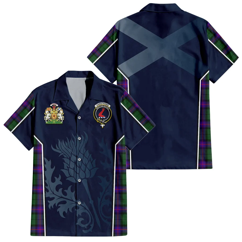 Armstrong Modern Tartan Short Sleeve Button Up Shirt with Family Crest and Scottish Thistle Vibes Sport Style