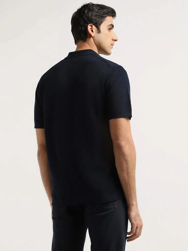 Ascot Navy Self-Patterned Cotton Relaxed Fit T-Shirt