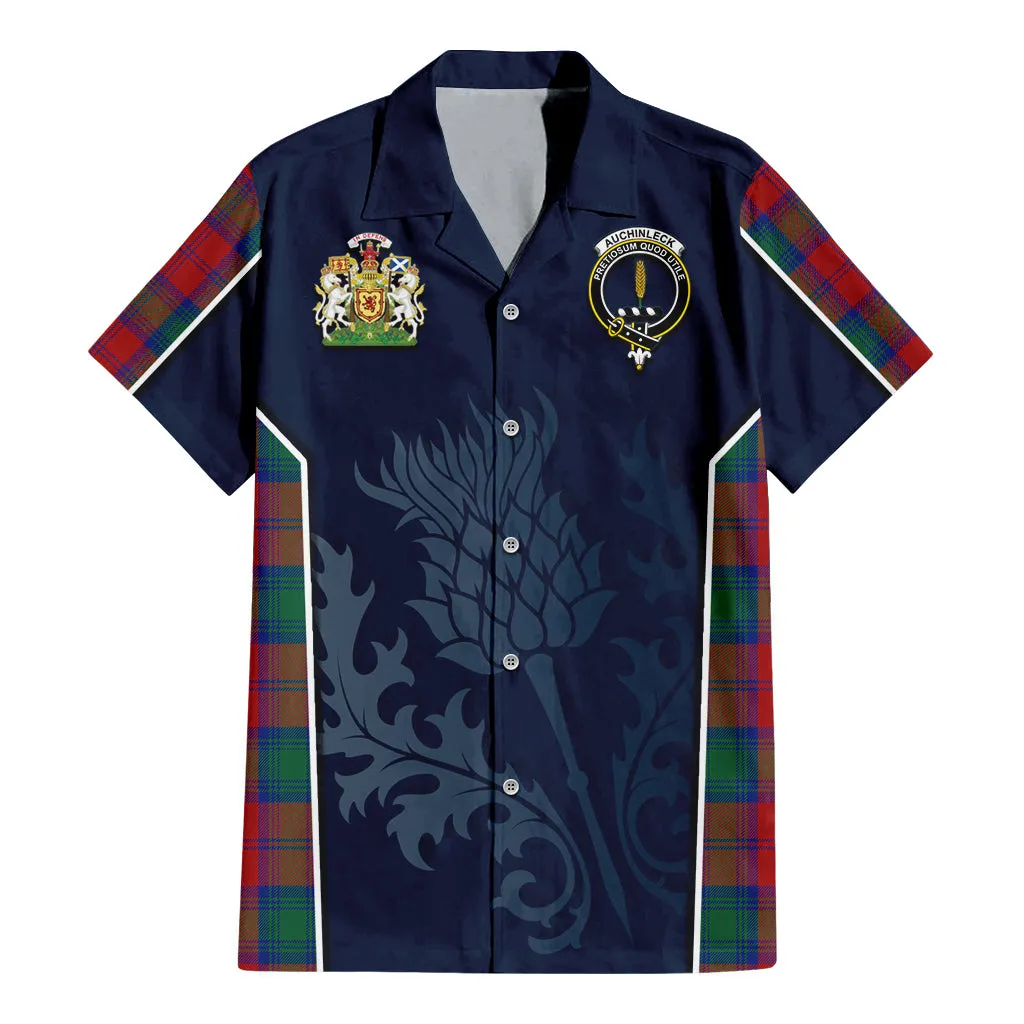 Auchinleck (Affleck) Tartan Short Sleeve Button Up Shirt with Family Crest and Scottish Thistle Vibes Sport Style