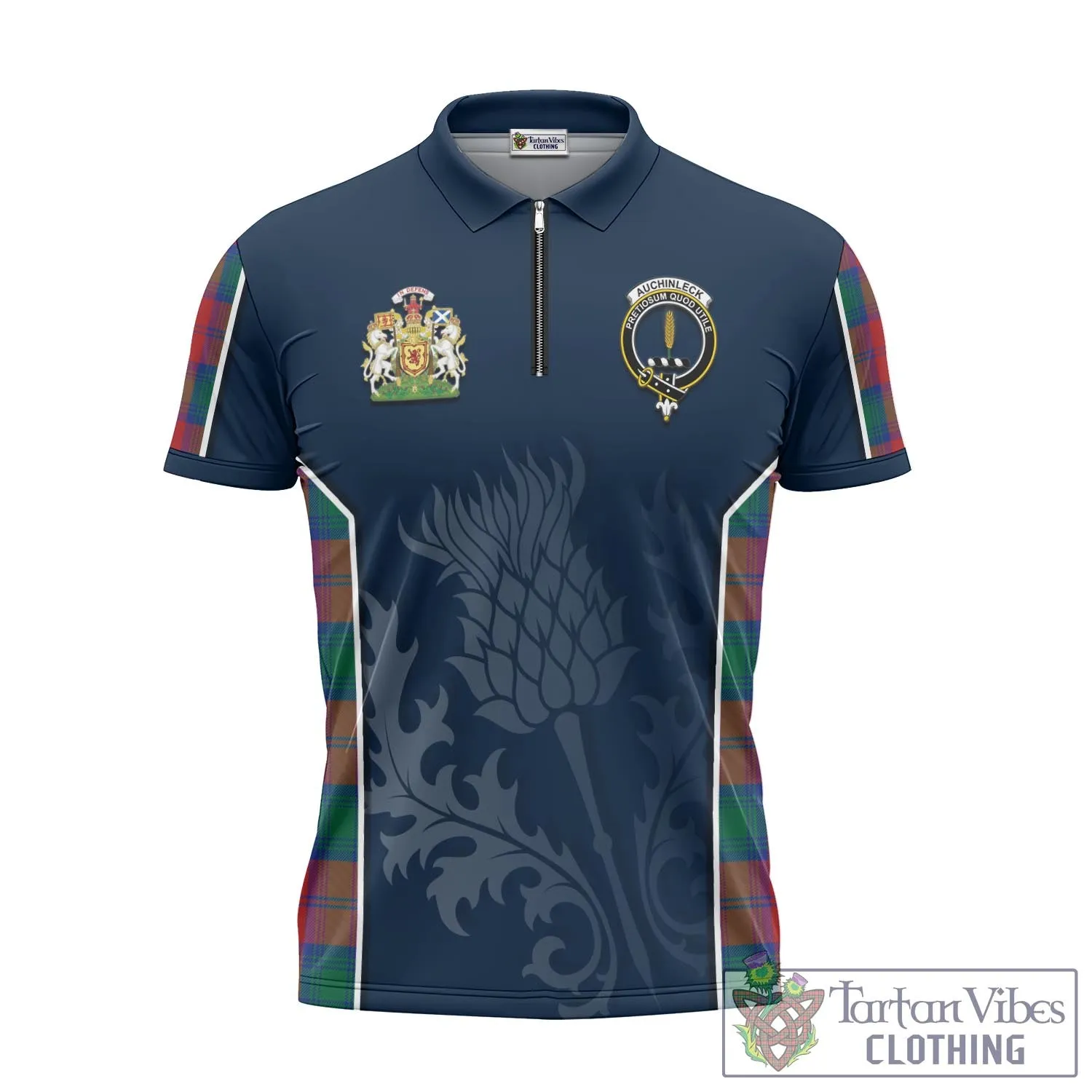 Auchinleck (Affleck) Tartan Zipper Polo Shirt with Family Crest and Scottish Thistle Vibes Sport Style