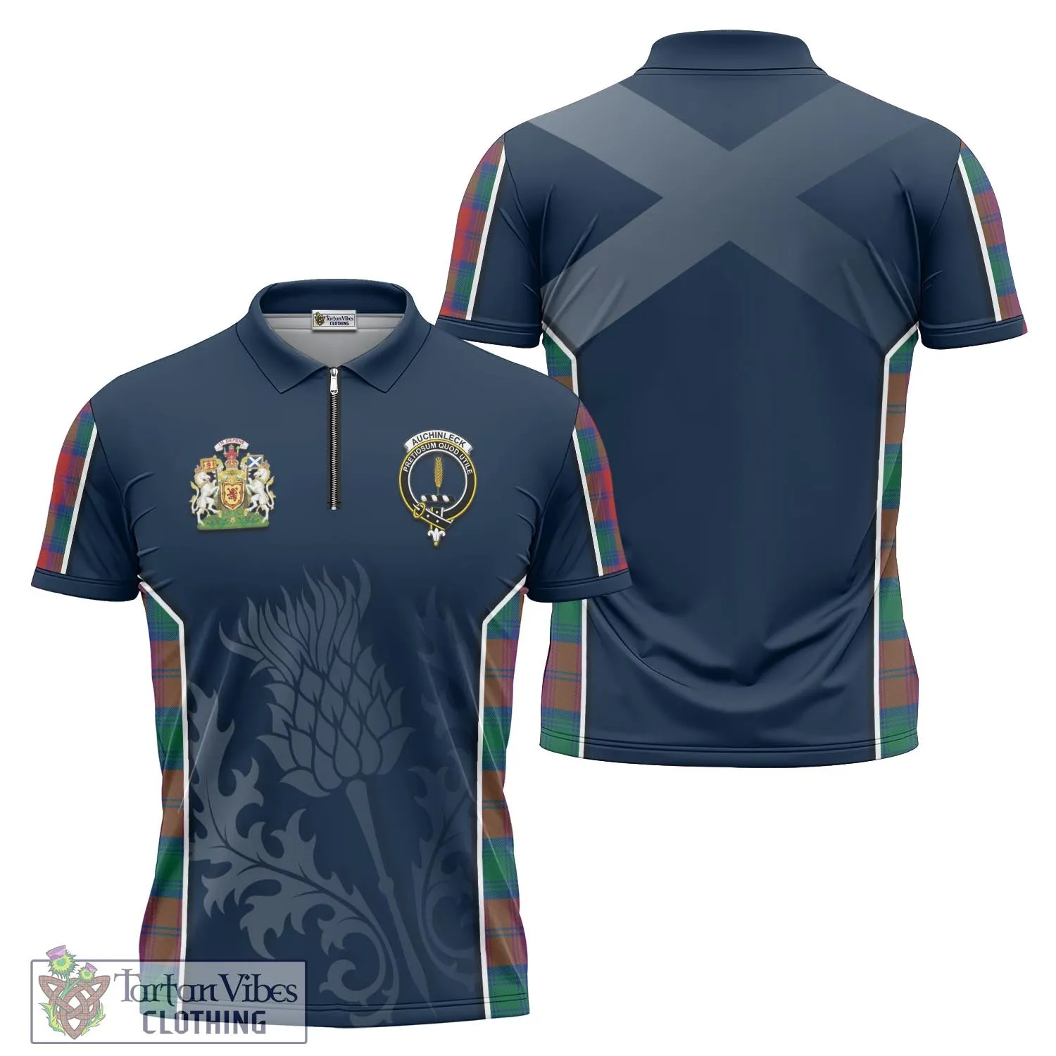 Auchinleck (Affleck) Tartan Zipper Polo Shirt with Family Crest and Scottish Thistle Vibes Sport Style