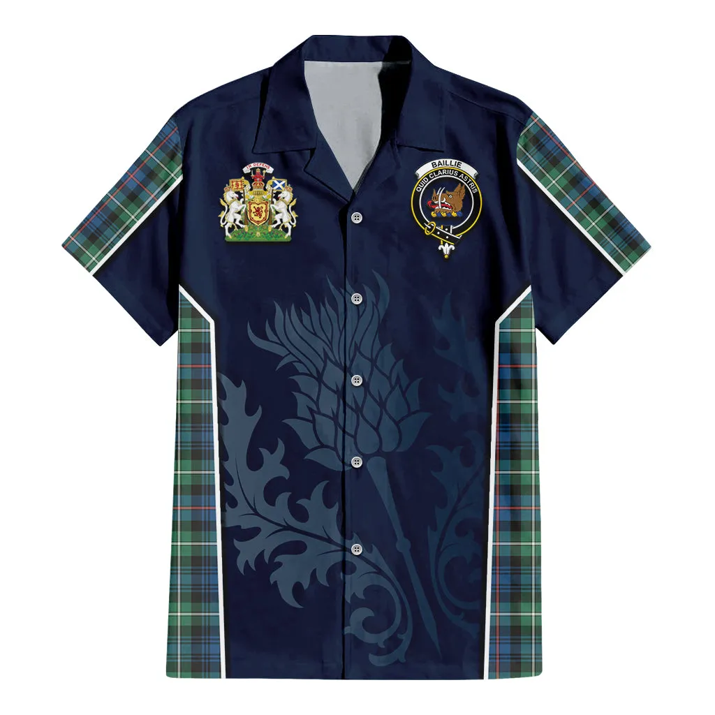 Baillie Ancient Tartan Short Sleeve Button Up Shirt with Family Crest and Scottish Thistle Vibes Sport Style