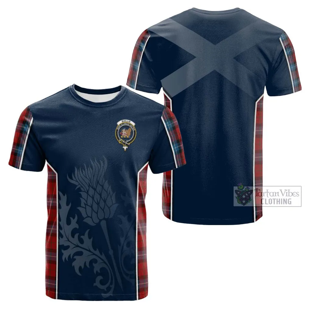 Baillie of Polkemmet Red Tartan Cotton T-shirt with Family Crest and Scottish Thistle Vibes Sport Style