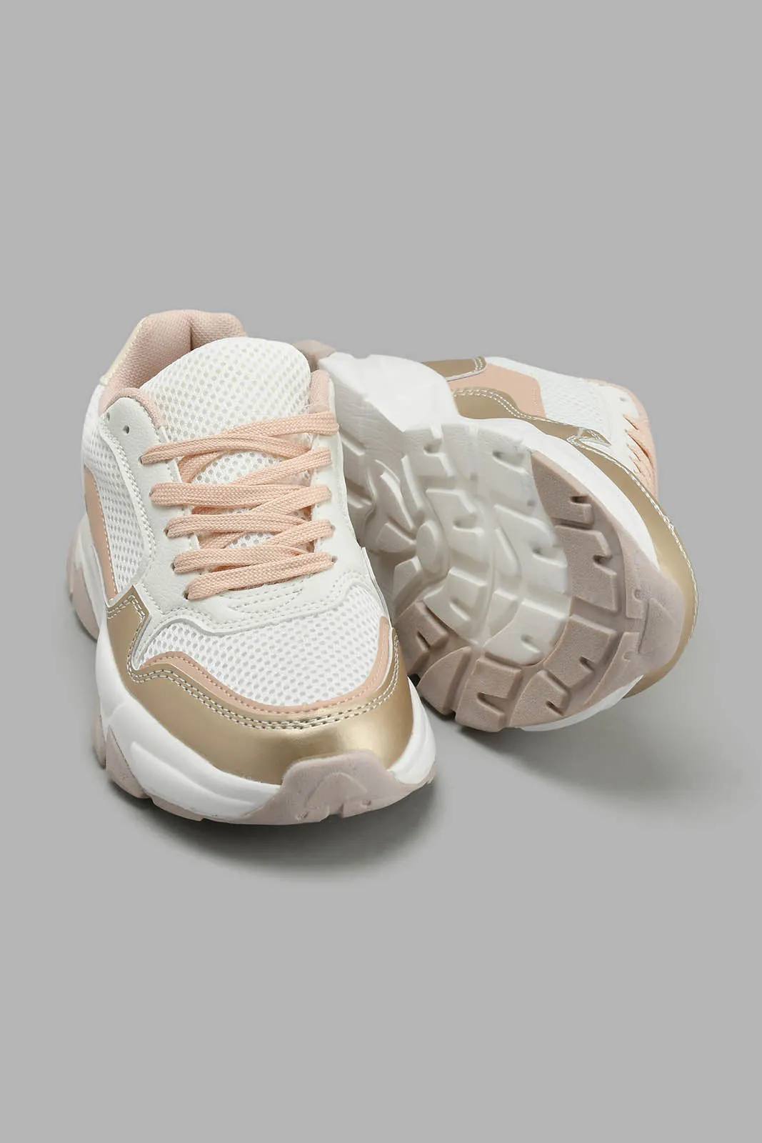 Beige And Pink Chunky Lace-Up Sneaker