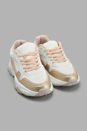 Beige And Pink Chunky Lace-Up Sneaker