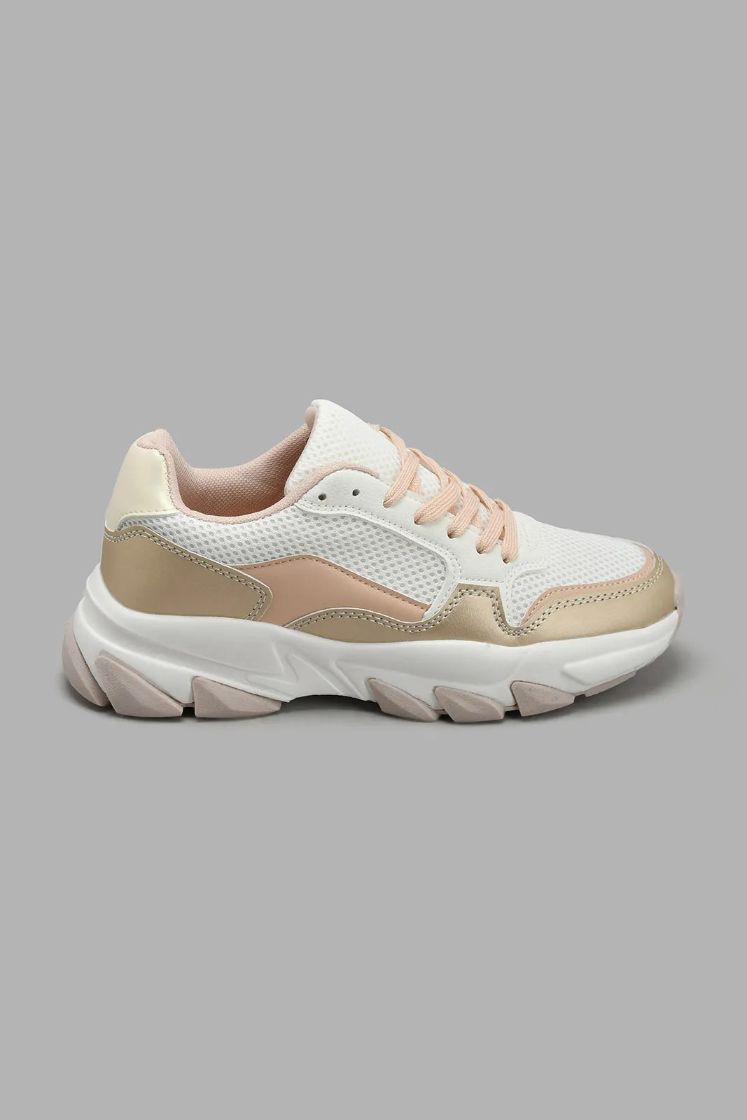 Beige And Pink Chunky Lace-Up Sneaker