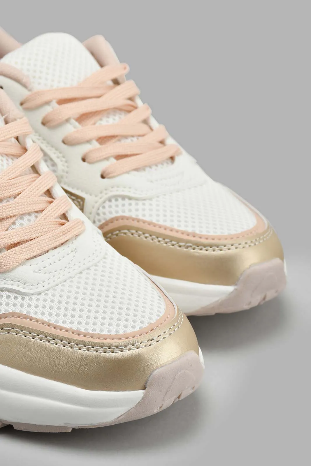 Beige And Pink Chunky Lace-Up Sneaker