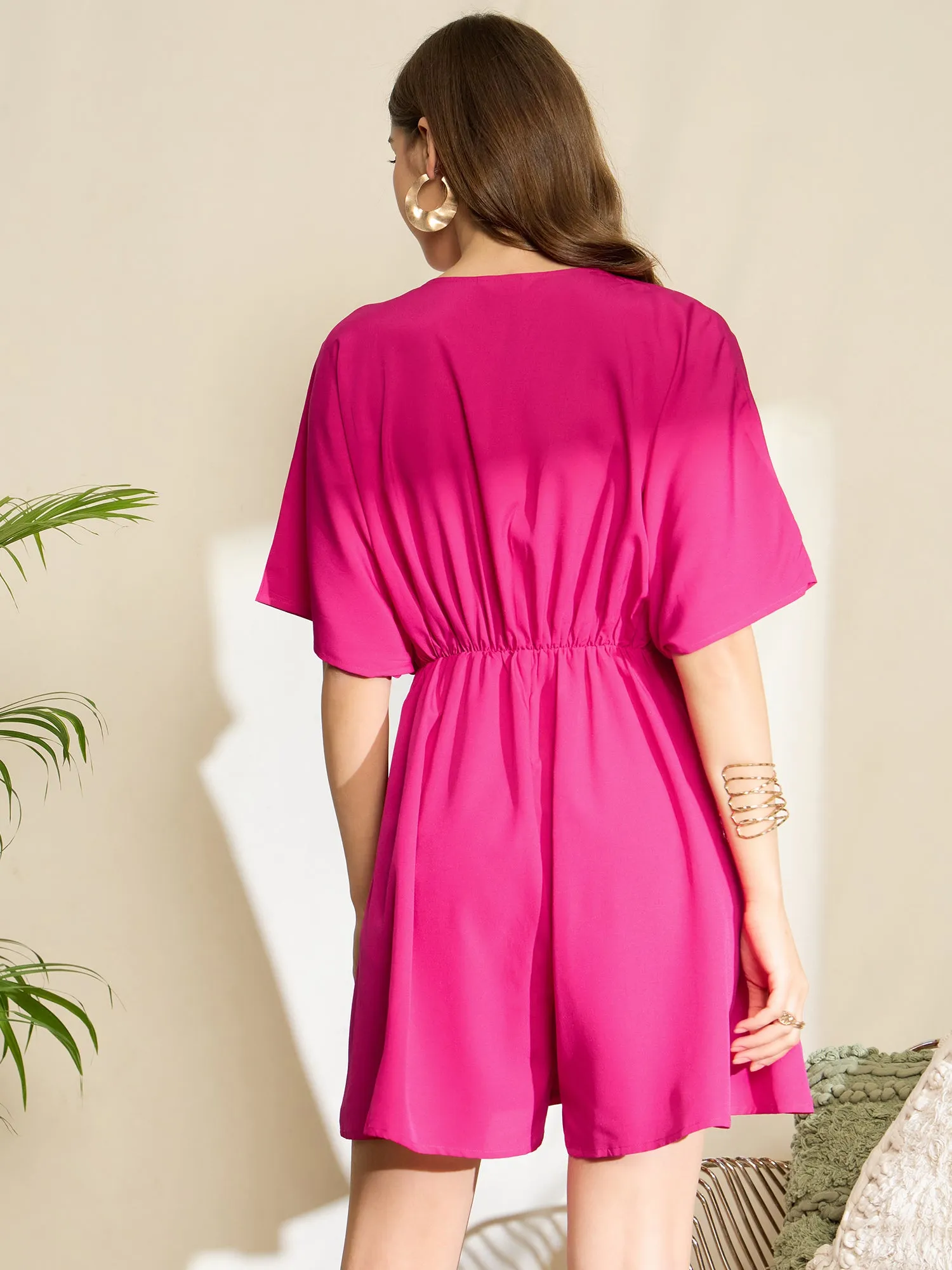 Berrylush Women Solid Pink V-Neck Flared Sleeves Polyester Gathered Wrap Mini Jumpsuit