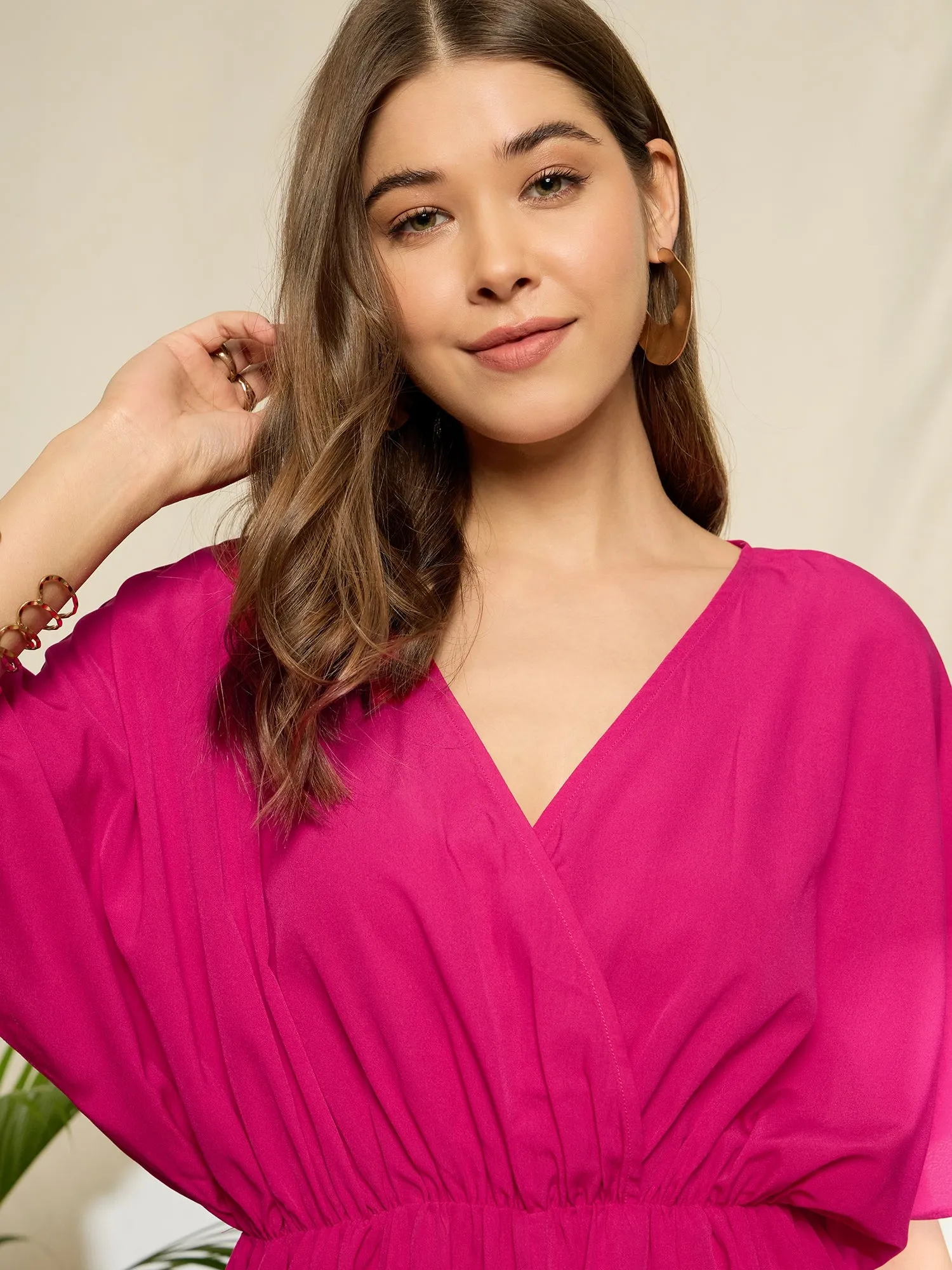 Berrylush Women Solid Pink V-Neck Flared Sleeves Polyester Gathered Wrap Mini Jumpsuit