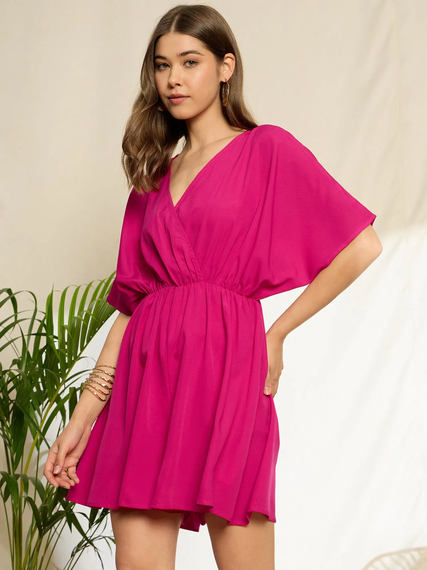 Berrylush Women Solid Pink V-Neck Flared Sleeves Polyester Gathered Wrap Mini Jumpsuit