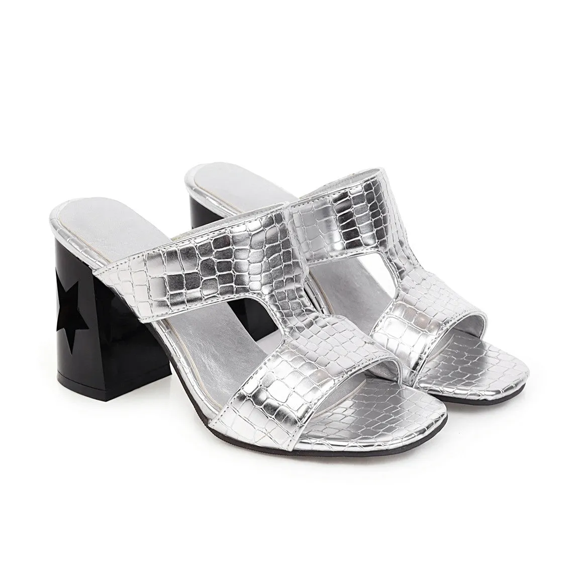 Bigsizeheels Sexy Slip-On Thread Chunky Heel Rubber Slippers - Silver