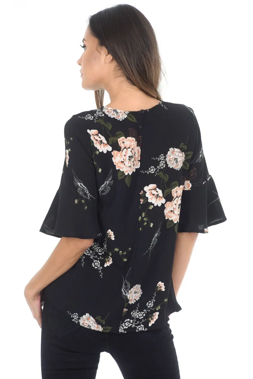 Black Frill Floral Top