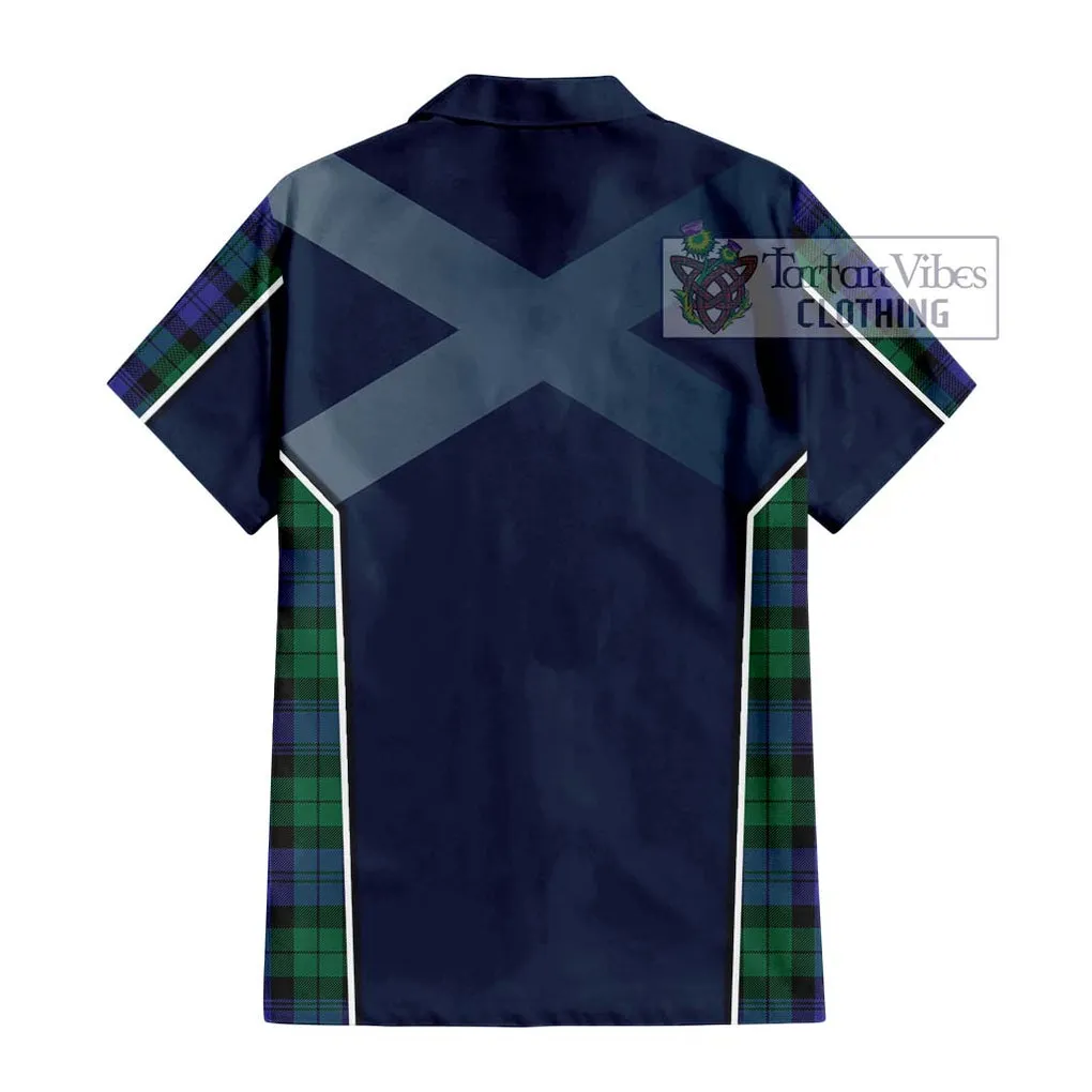 Black Watch Modern Tartan Short Sleeve Button Shirt with Family Crest and Lion Rampant Vibes Sport Style