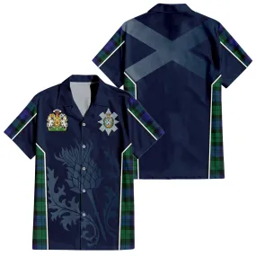 Black Watch Modern Tartan Short Sleeve Button Up Shirt with Family Crest and Scottish Thistle Vibes Sport Style