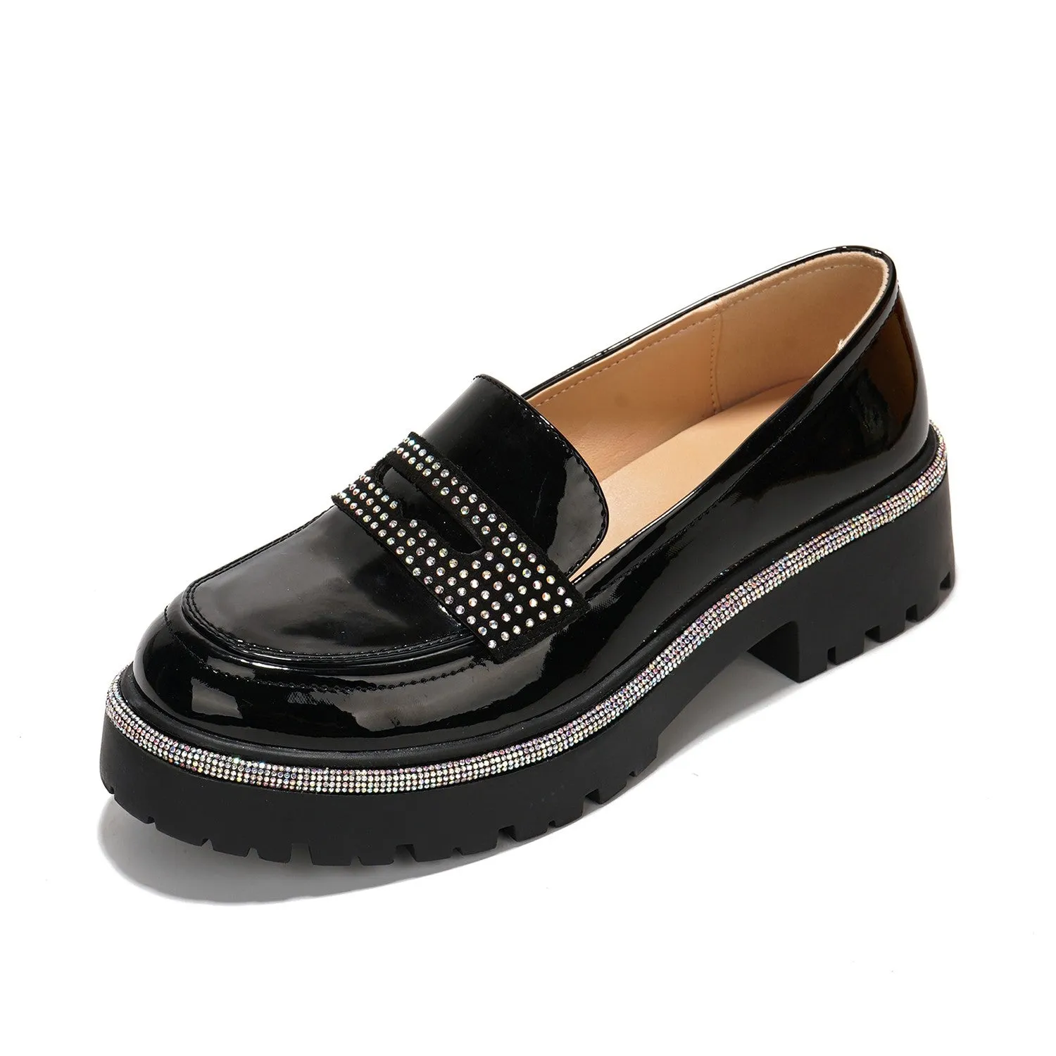 Black Womens Rhinestone Lug Sole Chunky Loafers