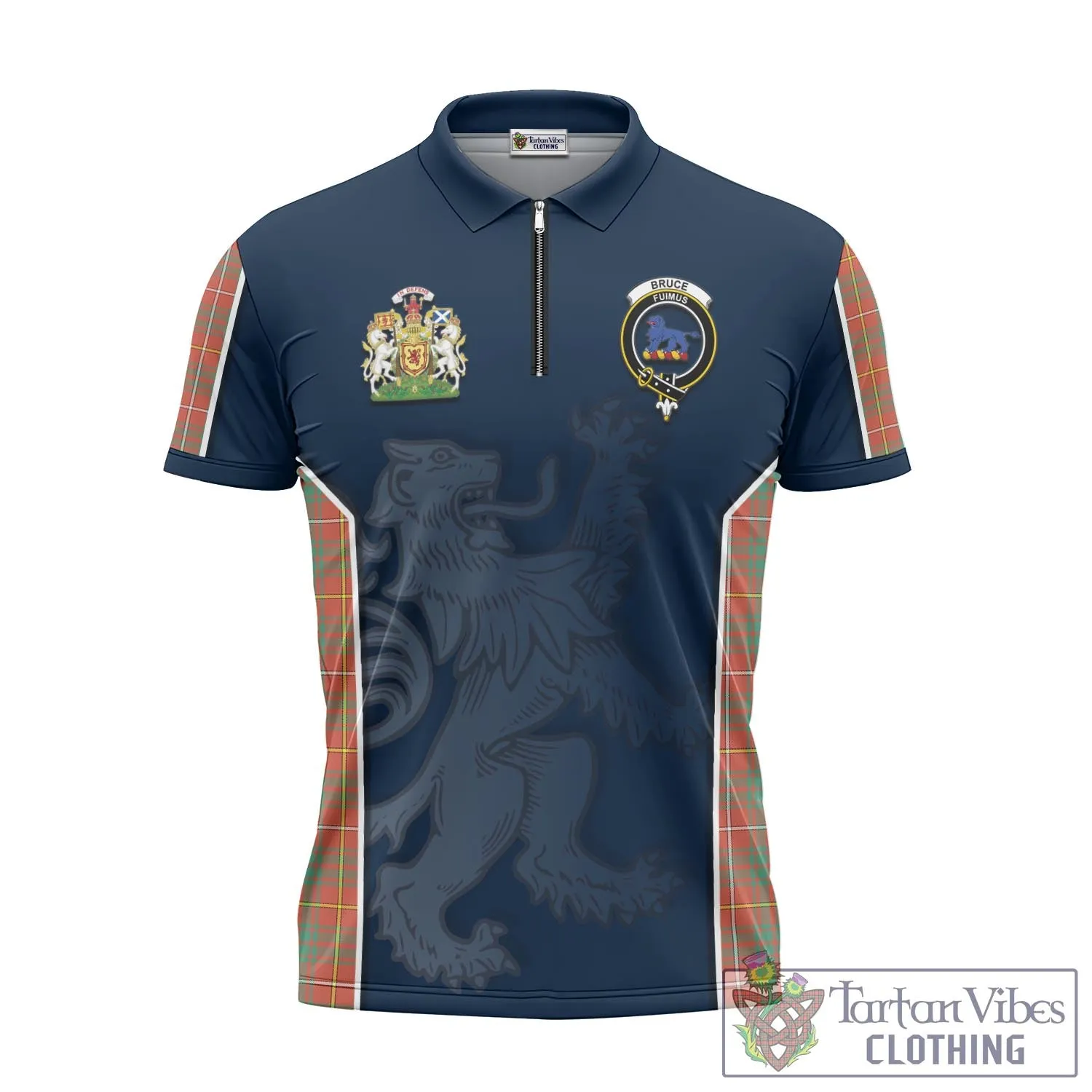 Bruce Ancient Tartan Zipper Polo Shirt with Family Crest and Lion Rampant Vibes Sport Style