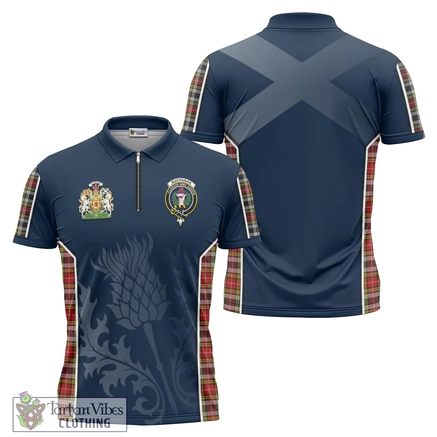 Buchanan Old Dress Tartan Zipper Polo Shirt with Family Crest and Scottish Thistle Vibes Sport Style