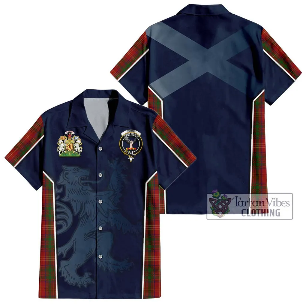 Burns Tartan Short Sleeve Button Shirt with Family Crest and Lion Rampant Vibes Sport Style