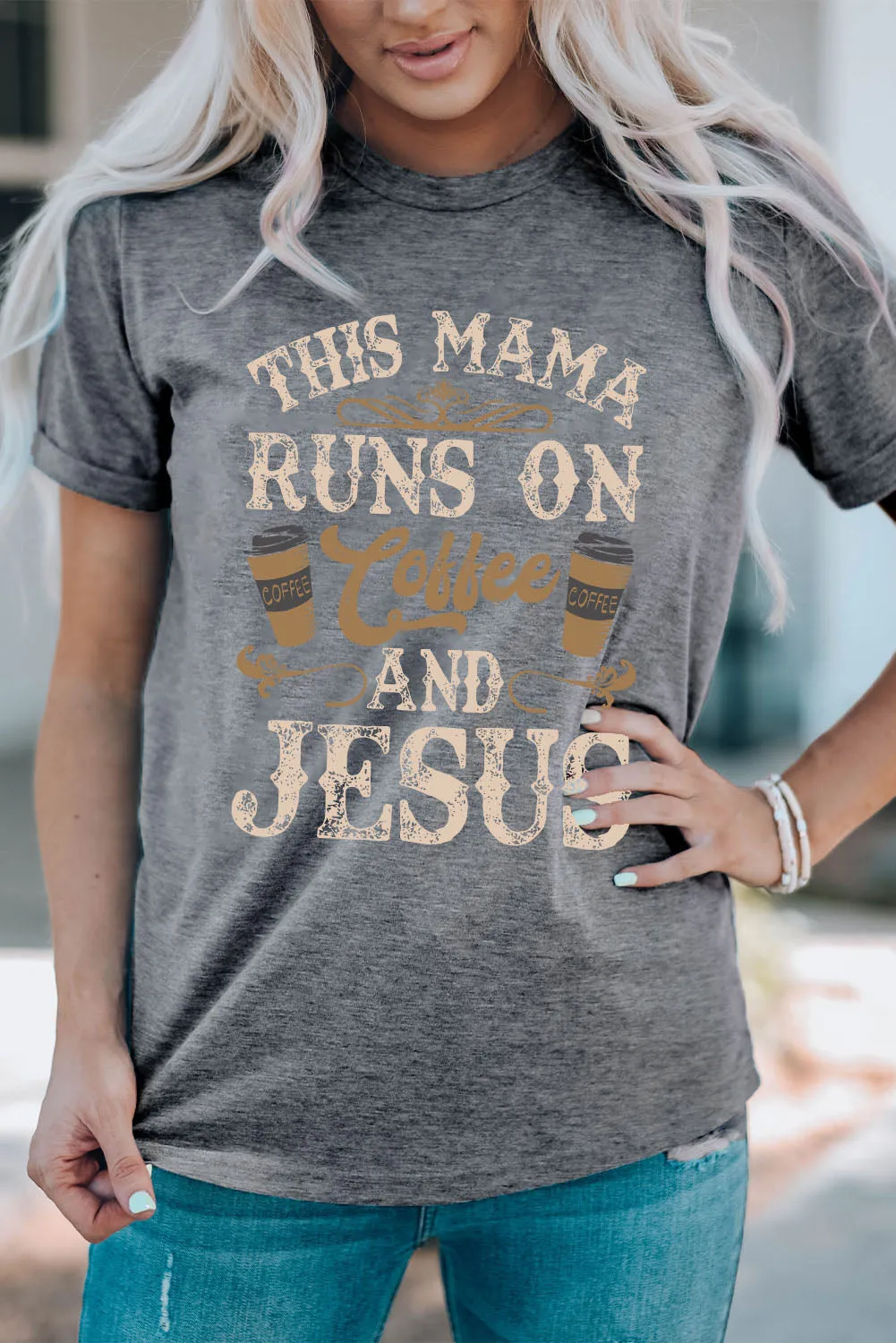 Caffeine and Faith Gray Graphic Tee with Slogan Detail